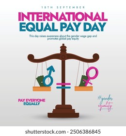 International Equal Pay Day banner, background, post. 18th September equal pay day conceptual banner with justice scales and gender symbols on it. The day highlight the injustice of gender wage gaps.