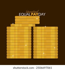 International Equal Pay Day event finance banner. Illustration of a pile of gold coins of unequal height on a dark brown background to celebrate on September 18th