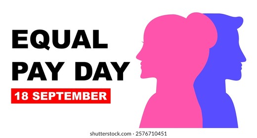 International equal pay day template banner with yellow background. September 18. Vector business man and woman silhouette with white background. Equal pay for woman