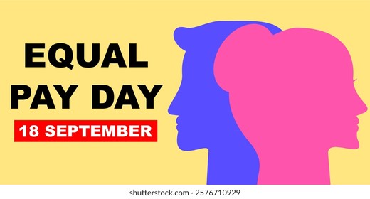 International equal pay day template banner with yellow background. September 18. Vector business man and woman silhouette. Equal pay for woman