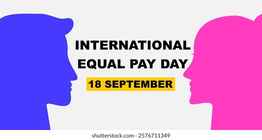 International equal pay day template banner. September 18. Vector business man and woman silhouette. Equal pay for woman