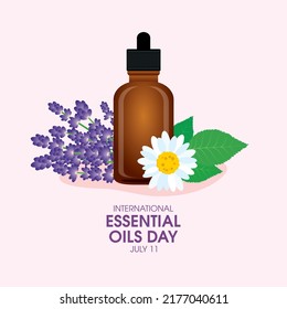 International Essential Oils Day vector. Brown glass bottle of essential oil with lavender flowers icon vector. Nature fragrance oil vial with a dropper vector illustration. July 11. Important day