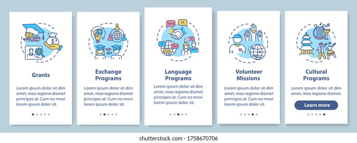International exchange onboarding mobile app page screen with concepts. Volunteer mission. Education abroad walkthrough 5 steps graphic instructions. UI vector template with RGB color illustrations