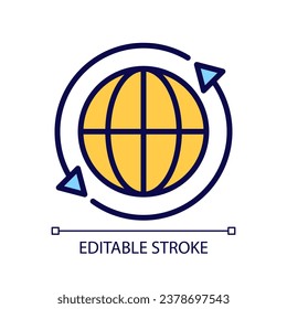 International exchange pixel perfect RGB color icon. Worldwide financial interaction. World money transfer. Isolated vector illustration. Simple filled line drawing. Editable stroke. Arial font used