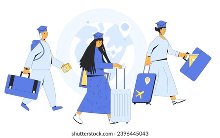 International exchange student. Graduate immigration route. Brain drain. Study abroad. Group of young adults with baggage. Colorful vector illustration with outline.