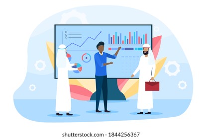 International Expo Exhibition with Arab Men. Businessman Presenting new product. Arabian people discussing and talking to company representative. Flat cartoon vector Illustration