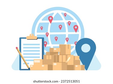 International express delivery of goods. Order shipping service. Cardboard parcels heap. Boxes shipment. Distribution location pins. Contract tablet. Global