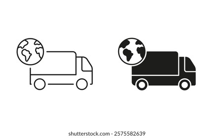 International Express Transportation Line and Silhouette Icon Set. Global Delivery Service Pictogram. Worldwide Shipping Symbol. Editable Stroke. Isolated Vector Illustration.