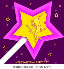 International Fairy Day event banner. A magic wand in the shape of a star and an illustration of a fairy on a dark purple background to celebrate on June 24th