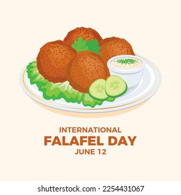 International Falafel Day vector. Falafel food on a plate illustration. Chickpea deep fried balls with yogurt sauce and vegetables vector. Middle Eastern cuisine drawing. June 12. Important day