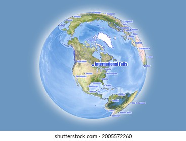 International Falls-United States of America is shown on vector globe map. The map shows International Falls-United States of America 's location in the world.