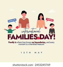 Día Internacional de la Familia. 15 de mayo Día Internacional de las Familias Anuncio con Familia de cuatro: Madre, padre, hijo, hija. Abrazando la diversidad, fortaleciendo el Anuncio de conciencia familiar.