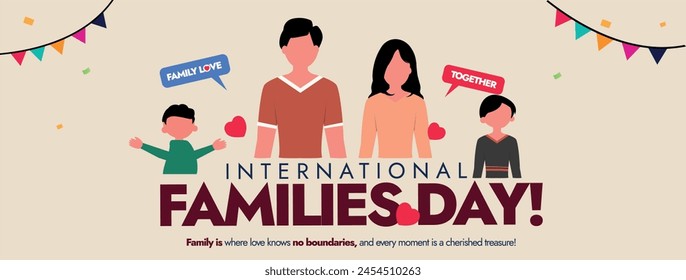 International Families day. 15th May International Families day celebration cove banner with Family of four: Mother, father, son, daughter. Embracing Diversity, Strengthening Families awareness banner