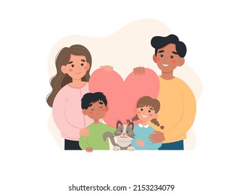 International family concept. Parents of different nationalities with kids and cat. Cute vector illustration in flat cartoon style