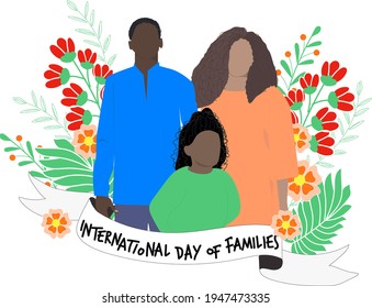 International Family Day greeting card.  International day of Families with Flower Wreath Love Background - Father Mother daughter Vector Illustration