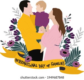 International Family Day greeting card. International day of Families with Flower Wreath Love Background - Father Mother Son Vector Illustration