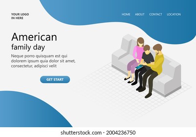 International family day illustration. Father, mother and son sitting on the sofa with a smartphone. happy family day. 3d isometric design vector illustration concept.