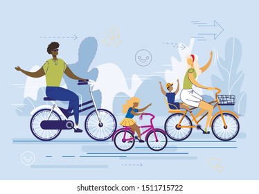 International Family Flat Cartoon Vector Illustration. Father And Mother Different Nationalities. Multicultural Couple With Children Riding Bicycles In Park. Outdoor Activity, Healthy Lifestyle.