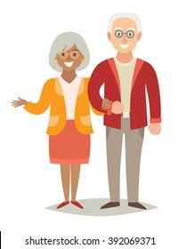 International family/Pensioner happy family/Old european man and old african-american woman couple/Cartoon characters happy pensioner family/Flat style vector illustration isolated on white background