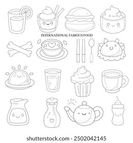  INTERNATIONAL FAMOUS FOOD, Restaurant menu Doodle Icons.