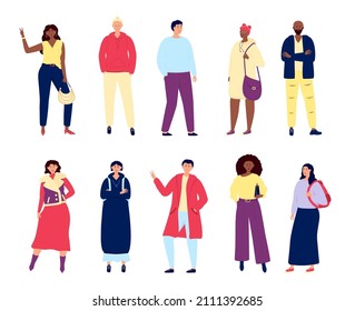 International fashion characters. Students community, hipster teenager. Young adults in color clothes. Isolated flat stylish people, utter vector set