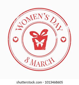 international female day, vector flat illustration, circle, stamp seal, attrition, texture, red, white