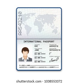 International Female Passport Template With Sample Of Photo, Signature And Other Personal Data. Vector Illustration