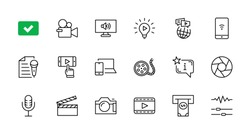 International Film Day Set Line Vector Icons. Contains Such Icons As Clapperboard, Camera, Video, Play, Film, Lens, Microphone, Media Settings And More. Editable Stroke. 32x32 Pixel Perfect