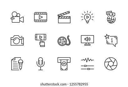 International Film Day Set Line Vector Icons. Contains such Icons as Clapperboard, Camera, Video, Play, Film, Lens, Microphone, Media settings and more. Editable Stroke. 32x32 Pixel Perfect