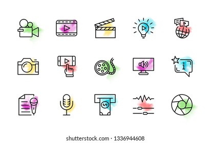 International Film Day Set Line Vector Icons. Contains such Icons as Clapperboard, Camera, Video, Play, Film, Lens, Microphone, Media settings and more. Editable Stroke. 32x32 Pixel Perfect