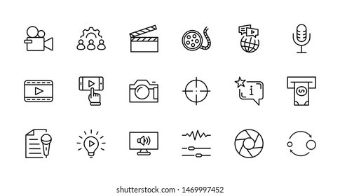 International Film Day Set Line Vector Icons. Contains such Icons as Clapperboard, Camera, Video, Play, Film, Lens, Microphone, Media settings and more. Editable Stroke. 32x32 Pixel Perfect