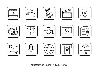 International Film Day Set Line Vector Icons. Contains such Icons as Clapperboard, Camera, Video, Play, Film, Lens, Microphone, Media settings and more. Editable Stroke. 32x32 Pixel Perfect