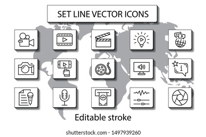 International Film Day Set Line Vector Icons. Contains such Icons as Clapperboard, Camera, Video, Play, Film, Lens, Microphone, Media settings and more. Editable Stroke. 32x32 Pixel Perfect.