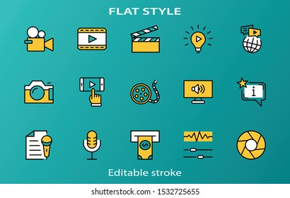 International Film Day Set Line Vector Icons. Contains such Icons as Clapperboard, Camera, Video, Play, Film, Lens, Microphone, Media settings and more. Editable Stroke. 32x32 Pixel Perfect