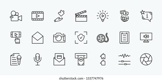 International Film Day Set Line Vector Icons. Contains such Icons as Clapperboard, Camera, Video, Play, Film, Lens, Microphone, Media settings and more. Editable Stroke. 32x32 Pixel Perfect.