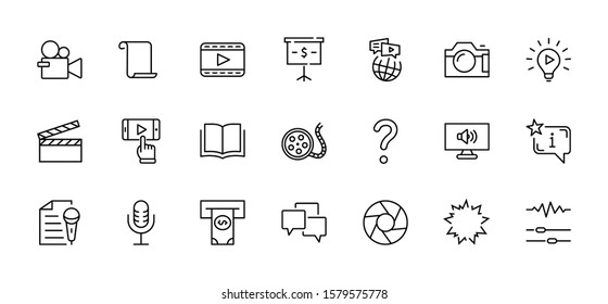 International Film Day Set Line Vector Icons. Contains such Icons as Clapperboard, Camera, Video, Play, Film, Lens, Microphone, Media settings and more. Editable Stroke. 32x32 Pixel Perfect.