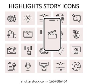 International Film Day Set Line Vector Icons. Contains such Icons as Clapperboard, Camera, Video, Play, Film, Lens, Microphone, Media settings and more. Editable Stroke. 32x32 Pixels