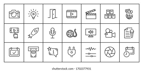 Iconos vectoriales en línea del Día Internacional de la Película. Contiene iconos como el tablero de papel, cámara, video, juego, película, lente, micrófono, configuración de medios y más. Trazo editable. 32 x 32 píxeles