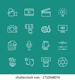 International Film Day Set Line Vector Icons. Contains such Icons as Clapperboard, Camera, Video, Play, Film, Lens, Microphone, Media settings and more. Editable Stroke. 32x32 Pixels