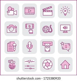 International Film Day Set Line Vector Icons. Contains such Icons as Clapperboard, Camera, Video, Play, Film, Lens, Microphone, Media settings and more. Editable Stroke. 32x32 Pixel Perfect