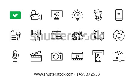 International Film Day Set Line Vector Icons. Contains such Icons as Clapperboard, Camera, Video, Play, Film, Lens, Microphone, Media settings and more. Editable Stroke. 32x32 Pixel Perfect