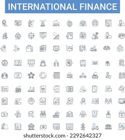 International finance outline icons collection. Finance, International, Global, Trading, Investing, Payments, Banking vector illustration set. Cross-border, Currency, Recession line signs
