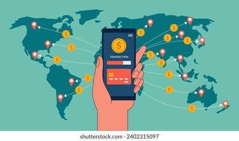 International Financial Freedom, The Digital Platform Revolutionizing Cross-Border Money Transfer with Human Holding Phone, Flat Vector Illustration