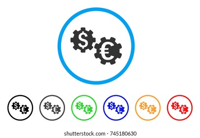 International Financial Mechanics rounded icon. Style is a flat grey symbol inside light blue circle with additional color versions.