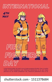 International firefighter day poster vector template. Professional holiday celebration. Brochure, cover, booklet page concept design with flat illustrations. Advertising flyer, leaflet, banner layout