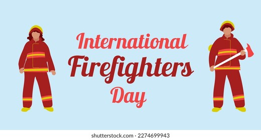 International firefighter day poster vector template. Professional holiday celebration. Brochure, cover, booklet page concept design with flat illustrations. Advertising flyer, leaflet, banner layout