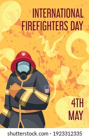 International firefighters day 4th may cartoon card with character of fireman wearing uniform helmet respirator vector illustration