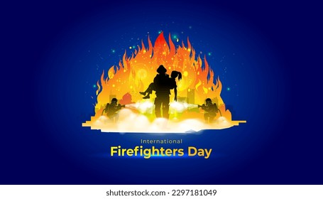 International Firefighters Day. Fire safety concept and background. Firefighter Saving life and extinguishing a fire.