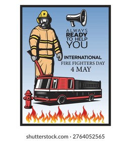 International Firefighters Day Vector with Fire Truck and Brave Hero Hero
