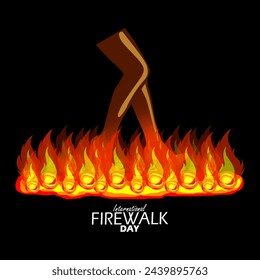 Banner del evento del Día Internacional de Firewalk. Ilustración de una persona caminando sobre brasas ardientes sobre fondo negro para celebrar el 6 de abril